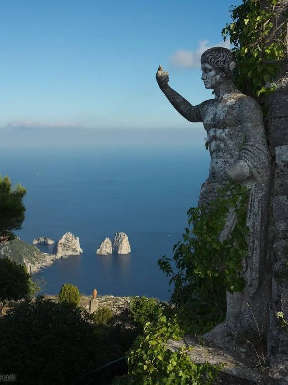 a statue of a man standing next to a tree