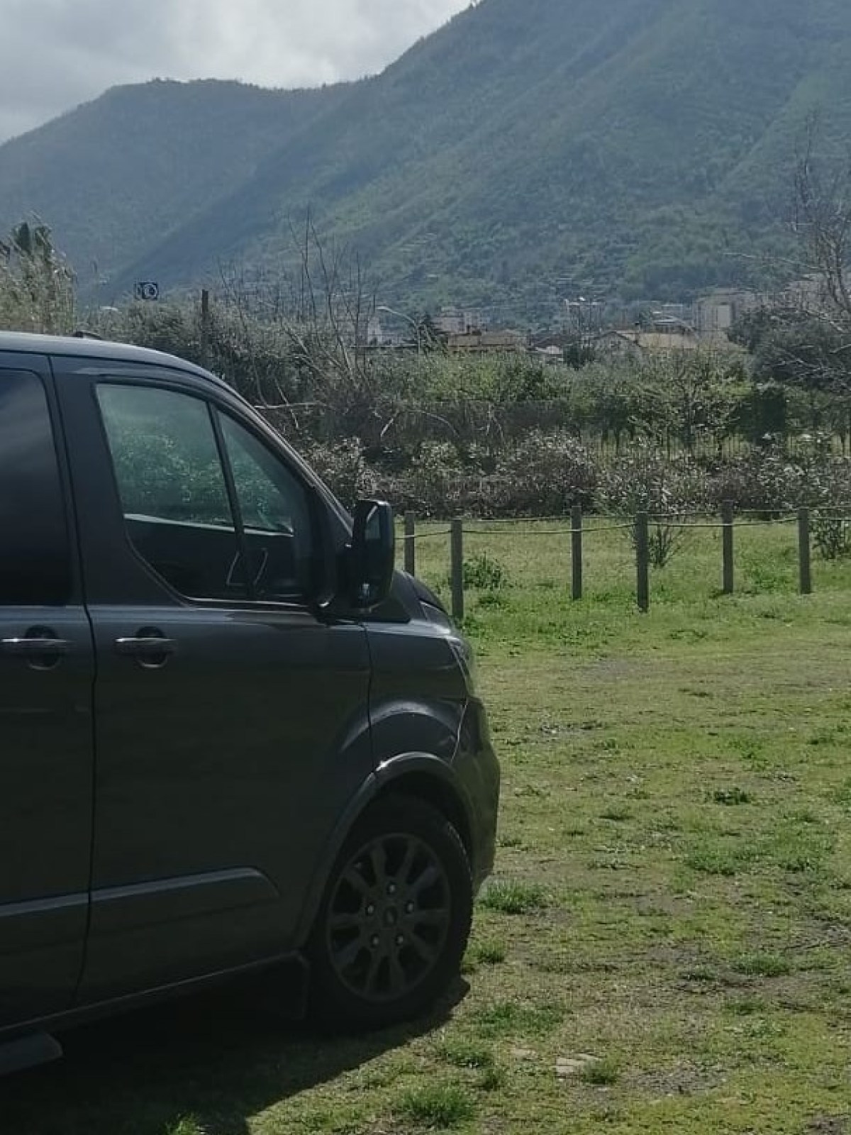 a car parked in a field with a mountain in the background