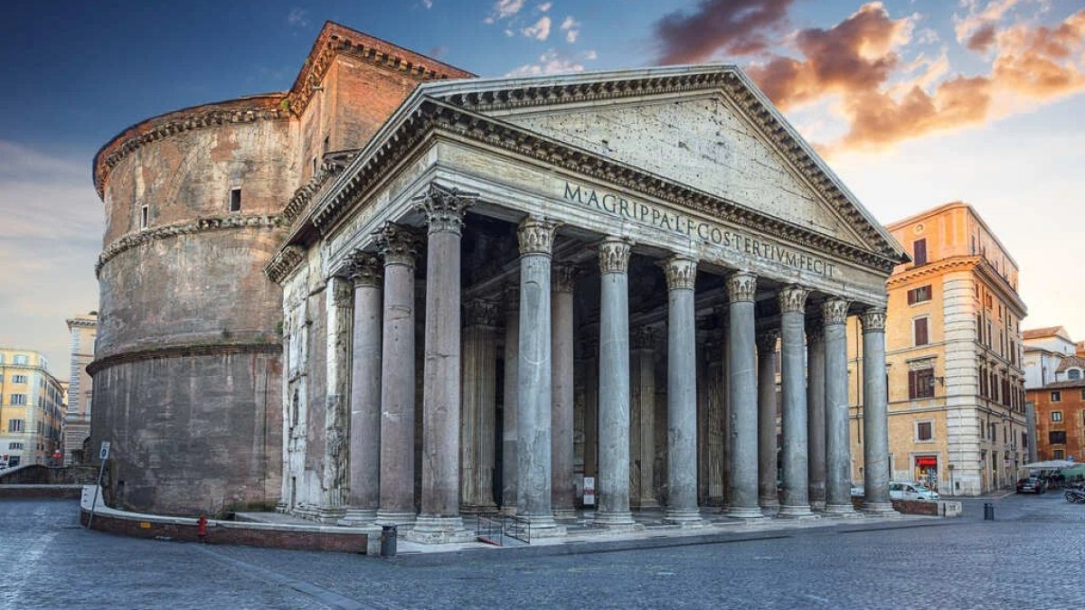 a large stone building with Pantheon, Rome in the background